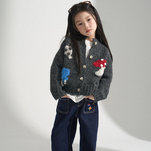 中大童手工蘑菇毛衣 洋气针织开衫 PISELLI史豌豆女童2026春季 新款