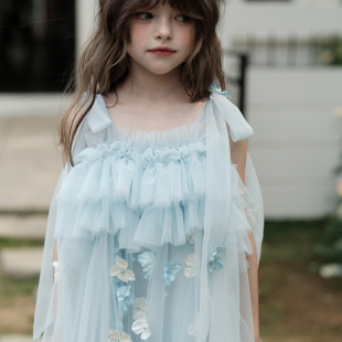 PISELLI史豌豆女童花朵蝴蝶网纱无袖连衣裙夏季新款中大童公主裙