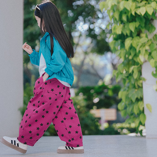 PISELLI史豌豆童装女童早春新款水洗棉休闲裤中大童满印星星裤子