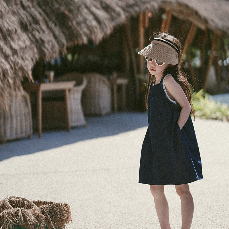 史豌豆童装女宝宝超好看小套装儿童时髦无袖背心牛仔连衣裙两件套