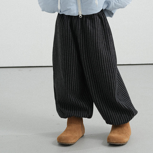 PISELLI史豌豆女童2025新款冬季休闲裤子儿童加绒条纹毛呢灯笼裤