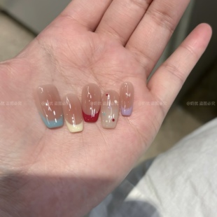 纯手工穿戴甲成品显白 高品质夏日多巴胺手绘糖果法式 虹晕糖心