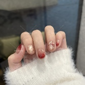 高品质酒红短款 礼颂 渐变手绘波点礼物结纯手工穿戴甲美甲