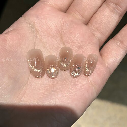 【洛神】高品质香槟法式纯手工穿戴甲轻奢名媛风超闪亮片美甲成品