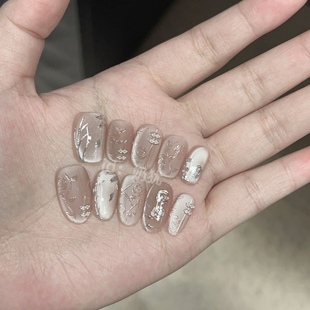 裸感肉粉猫眼高品质手绘新中式 粉 国风旗袍纯手工穿戴甲 A若芙