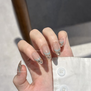 纯手工穿戴甲香槟亮片碎钻美甲 高品质海盐蓝法式 A海盐蓝法