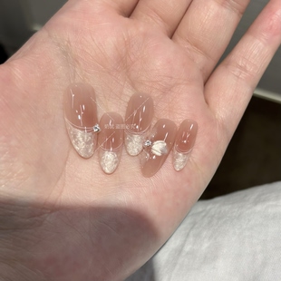 云母螺纹手绘山茶花纯手工穿戴甲成品 高品质温柔法式 柔焦花缦