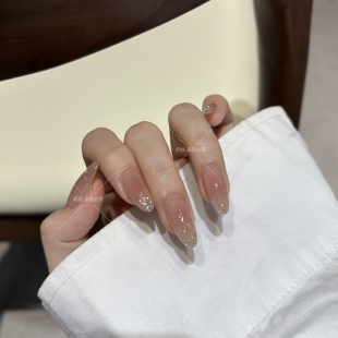 爆闪香槟碎钻纯手工腮红晕染穿戴甲纯欲风裸感美甲片 微醺鎏金