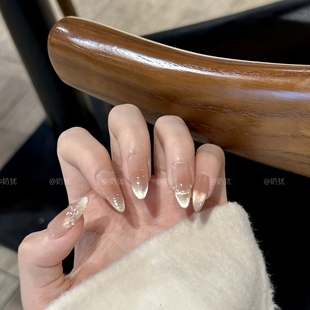 高品质爆闪鎏金猫眼渐变纯手工穿戴甲香槟锆石美甲成品 A金曦