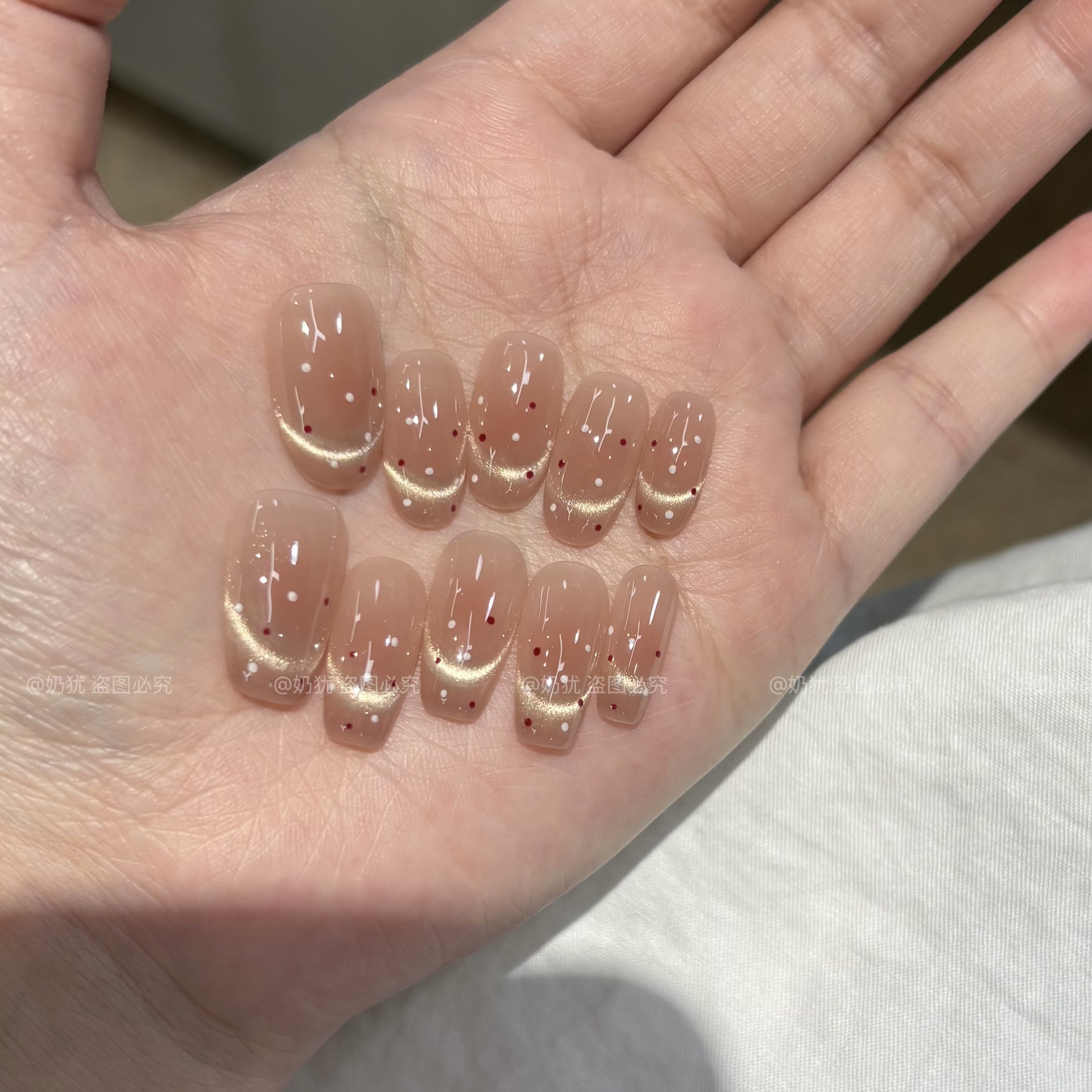 【布丁喵】高品质法式猫眼波点显白纯手工穿戴甲美甲贴片成品美甲