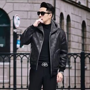 连帽款棉服男士两面穿机车服外套加绒夹克冬季时尚皮毛一体男棉衣