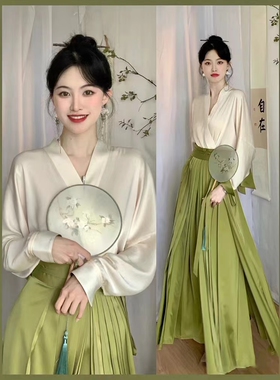 改良汉服女成人中国风日常现代装清雅绿色仙气长干寺百迭裙套装秋