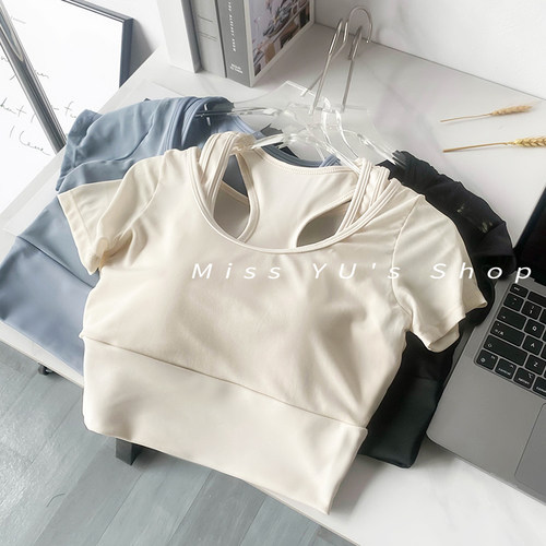 网纱运动文胸短袖带胸垫上衣