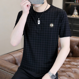 2023新款格子男士t恤短袖夏季冰丝薄款潮流高端刺绣时尚休闲半袖