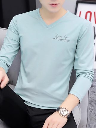 高端男士长袖T恤V领纯棉修身印花2024春季新款潮流内搭纯色打底衫