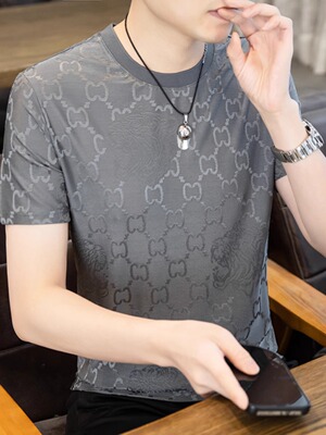 高端桑蚕丝短袖T恤男夏薄款冰丝