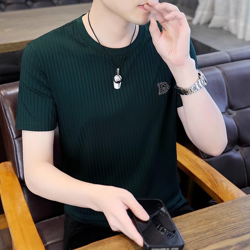 高端品牌短袖T恤男纯棉圆领修身潮流百搭夏季薄款冰丝男士半袖帅