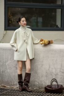 韩版郁金香花苞系带宽松中长毛呢外套2025冬装新款双面羊绒大衣女