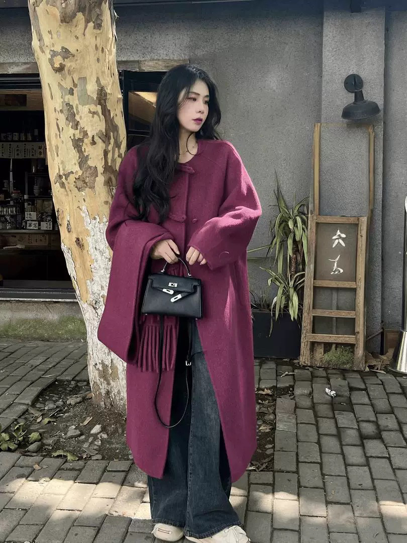 2024冬季新款双面羊绒大衣女气质古风圆领围巾全羊毛呢中长款外套