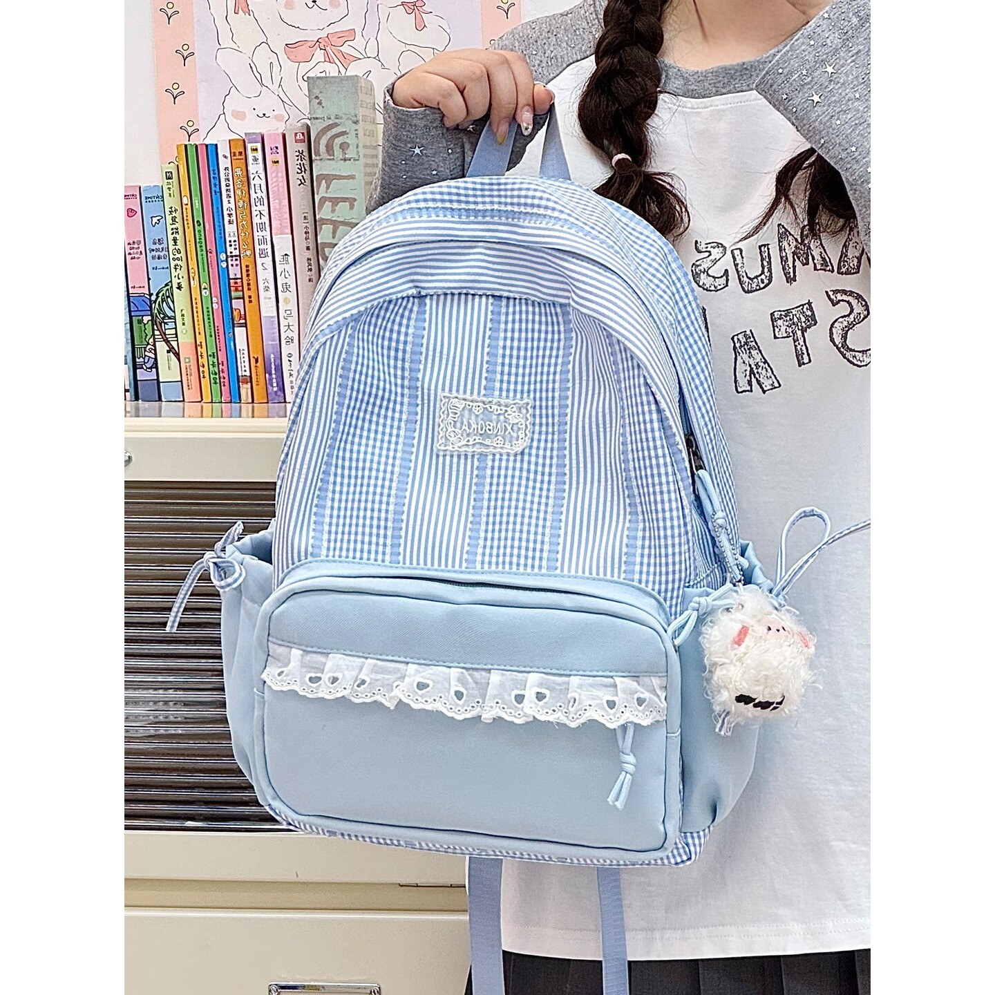 胖东来浅蓝晴风格纹织痕书包日系少女清透治愈感日常出游休闲通勤