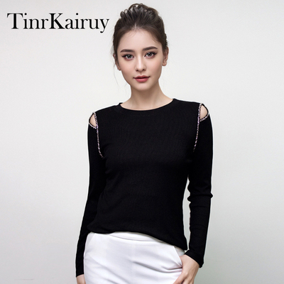 打底衫女露肩上衣圆领长袖t恤