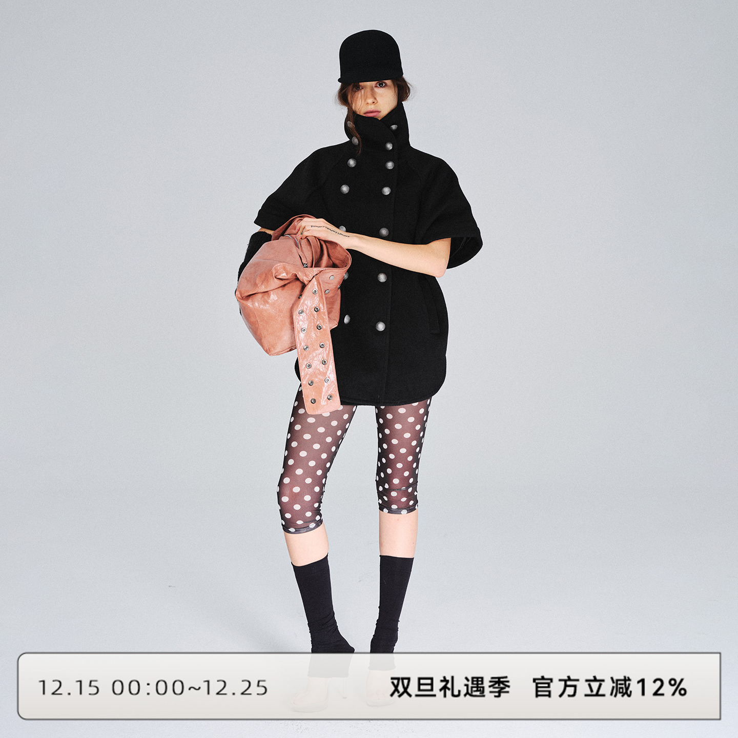 CLOUD WILD白云野边黑色双排扣立领披肩毛呢外套斗篷披风呢子大衣