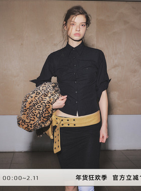 CLOUD WILD白云野边黑色polo领长袖衬衫女早秋收腰修身短款衬衣