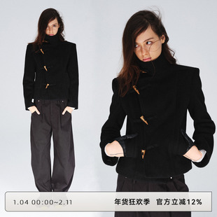 CLOUD WILD白云野边牛角扣短款立领毛呢外套小个子显瘦羊毛大衣女