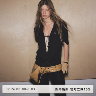 秋季 T恤女装 不规则收褶上衣 WILD白云野边荡领绑带上衣短袖 CLOUD