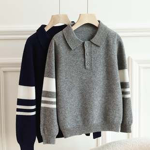 新款羊毛衫儿童薄款中大童毛衣POLO领拼色女童打底针织羊绒衫男童