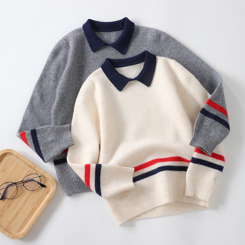 新款羊毛衫儿童薄款毛衣男童POLO领条纹打底针织羊绒衫女童中大童