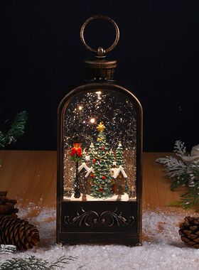 圣诞节装饰品烛台灯小夜灯老人场景布置工艺品摆件飘雪音乐盒橱窗