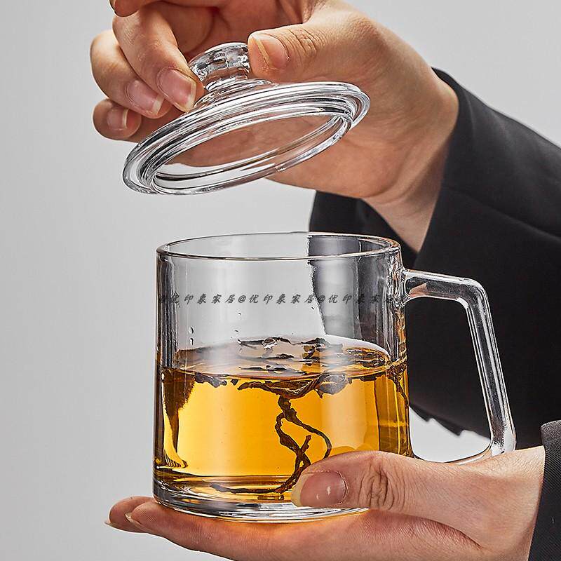 家用玻璃杯喝水杯子泡茶杯办公室有盖男女士水杯带把大容量