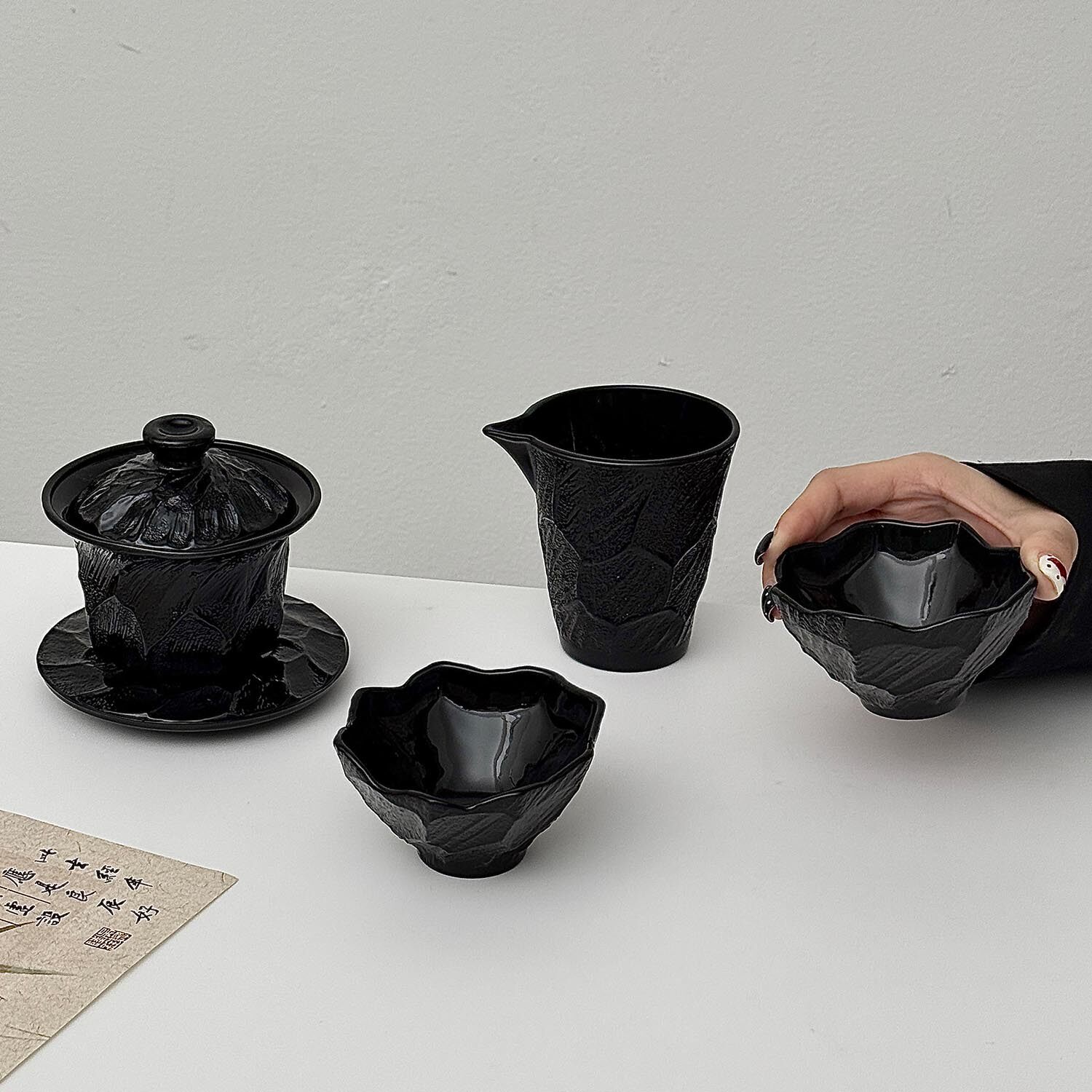 复古曜黑玄冰玻璃盖碗茶杯套装