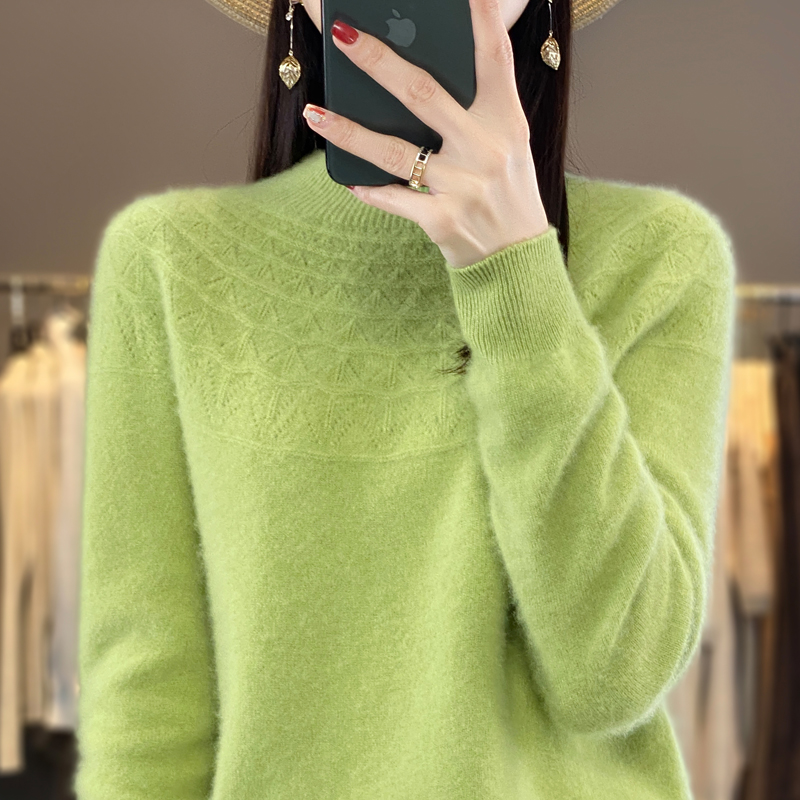 100%羊毛衫半高领套头镂空