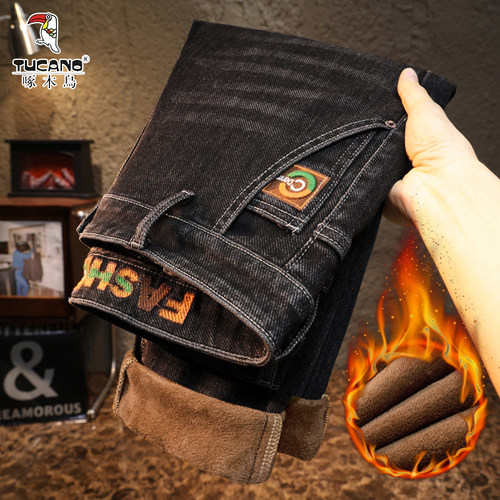 啄木鸟2025秋冬新款牛仔裤男加绒加厚弹力修身小直筒潮流印花长裤