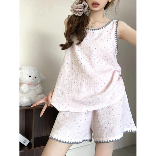 云朵棉睡衣女款夏季甜美波点背心套装家居服大码可爱外穿