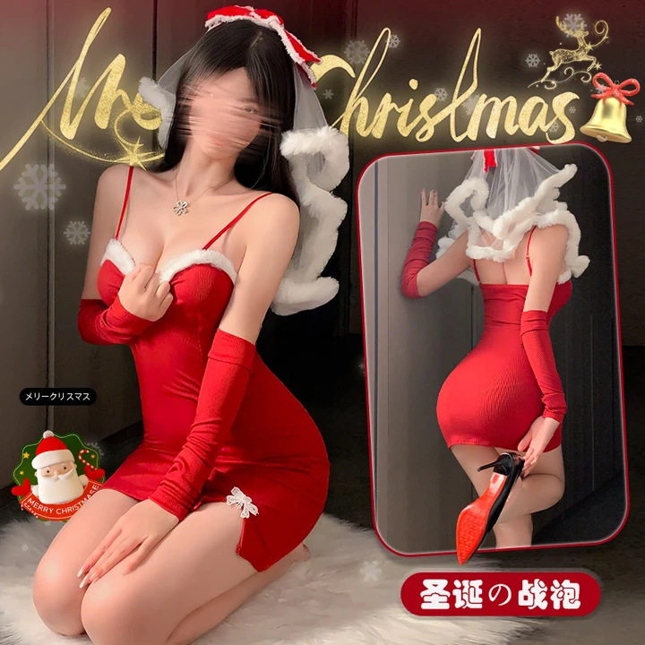纯欲圣诞氛围感辣妹吊带连衣裙紧身性感夜店酒吧一字肩抹胸包臀