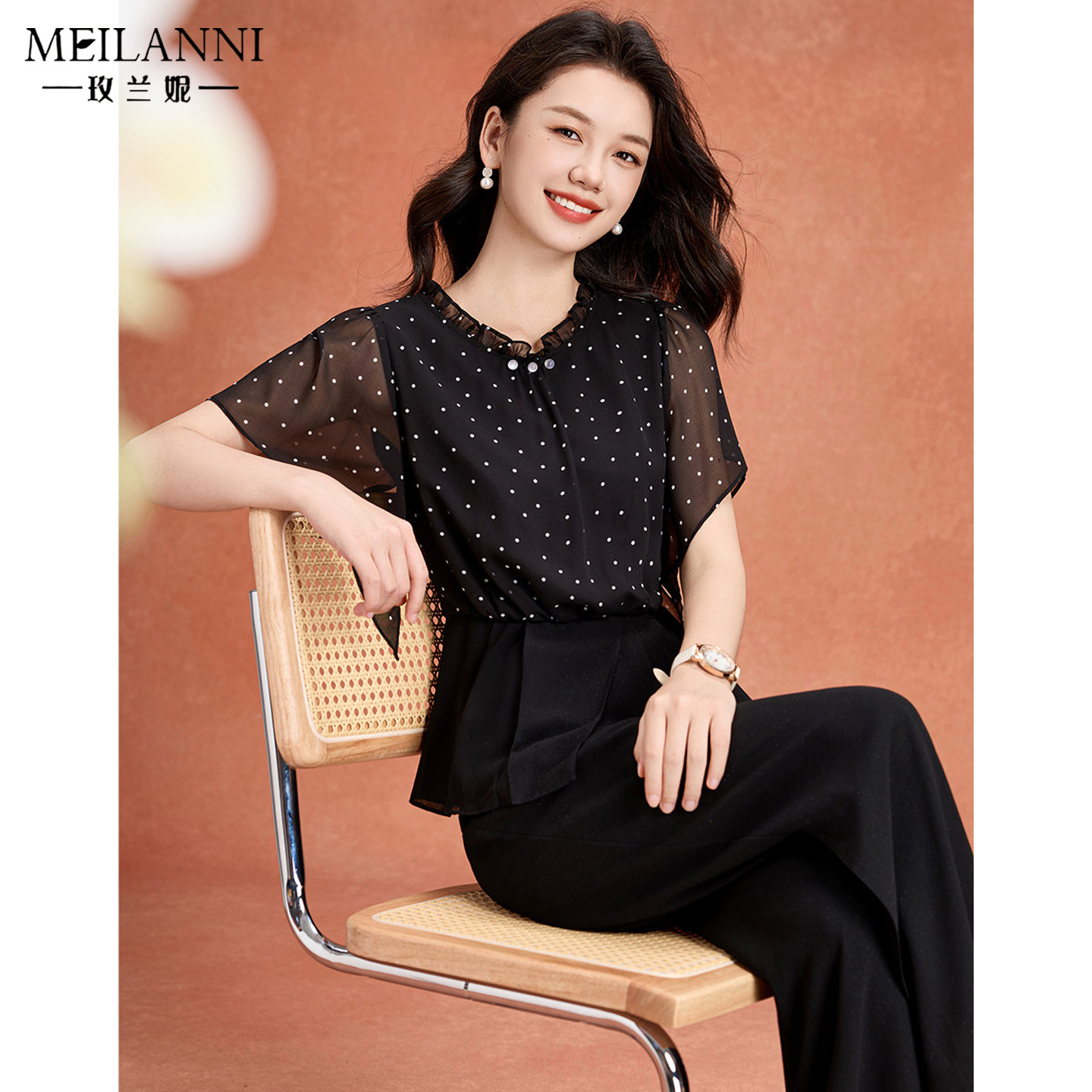 时尚波点雪纺两件套装2026新款今年流行爆款女装减龄黑色精致超火
