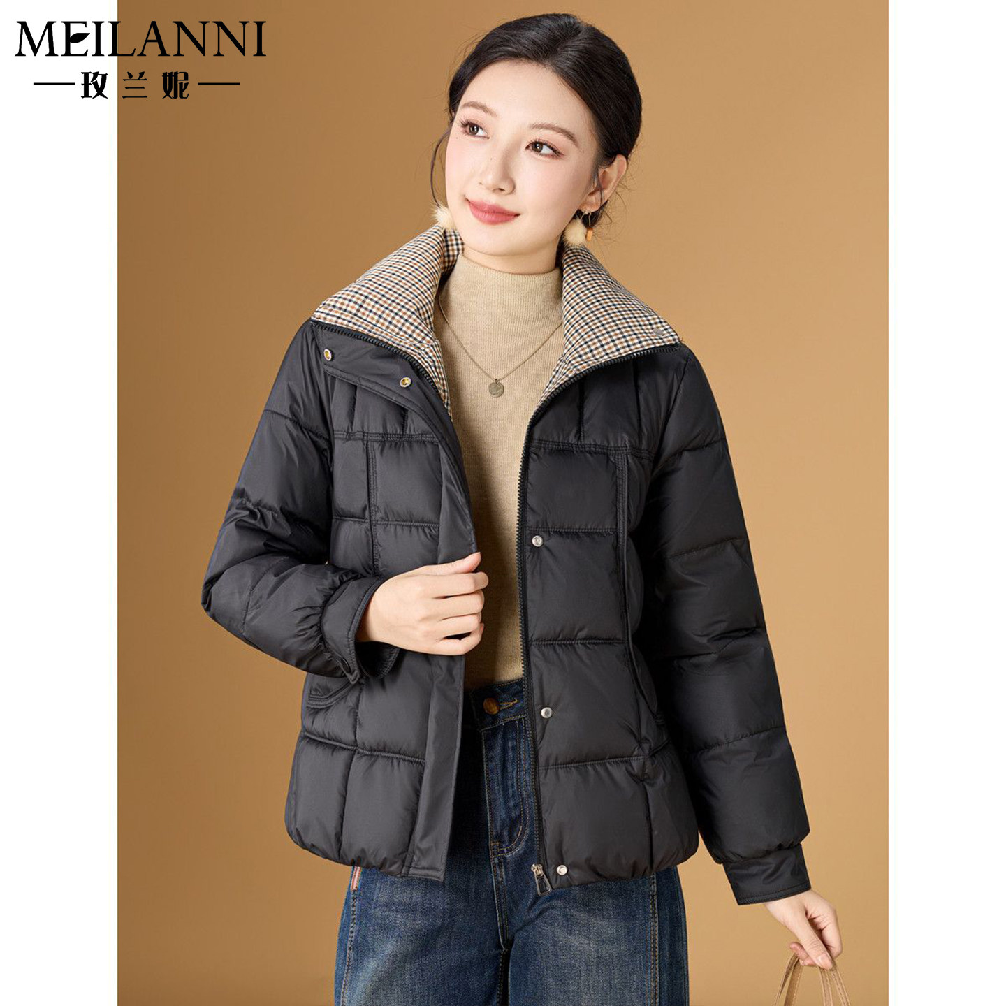 轻薄立领撞色格纹棉服外套女2026冬新款洋气加厚晋江高端品牌棉袄
