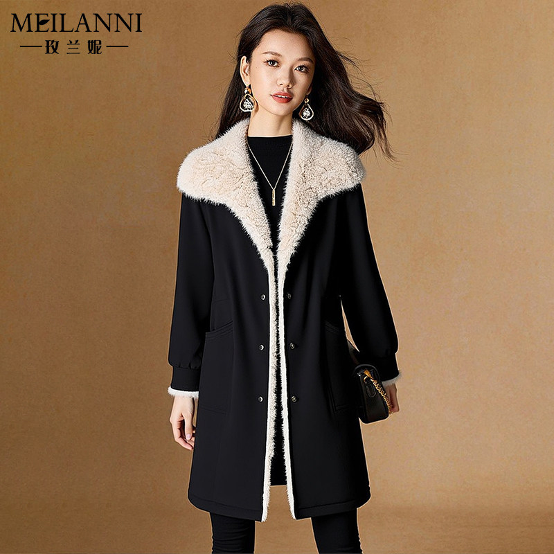皮毛一体海宁皮草官方旗舰店中长款外套女黑色大衣女2026新款高端