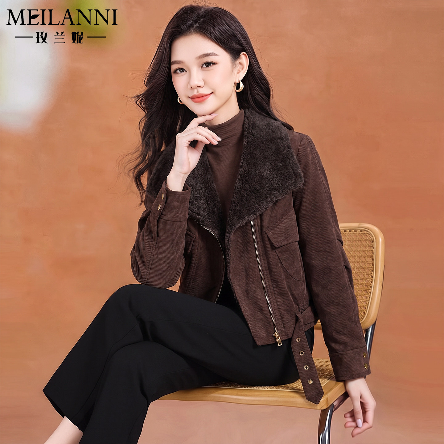 洋气减龄毛绒翻领派克服短款外套