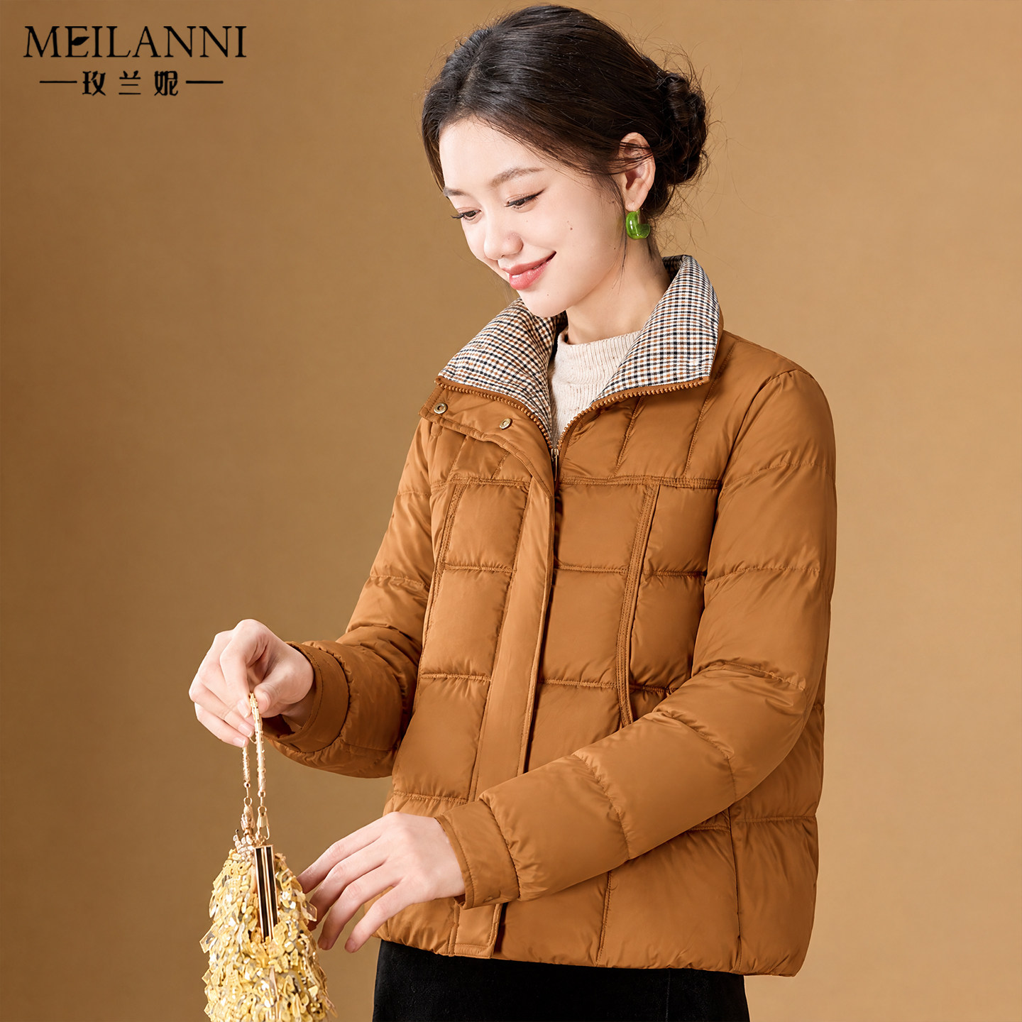 撞色格纹领棉衣棉服女冬季新款