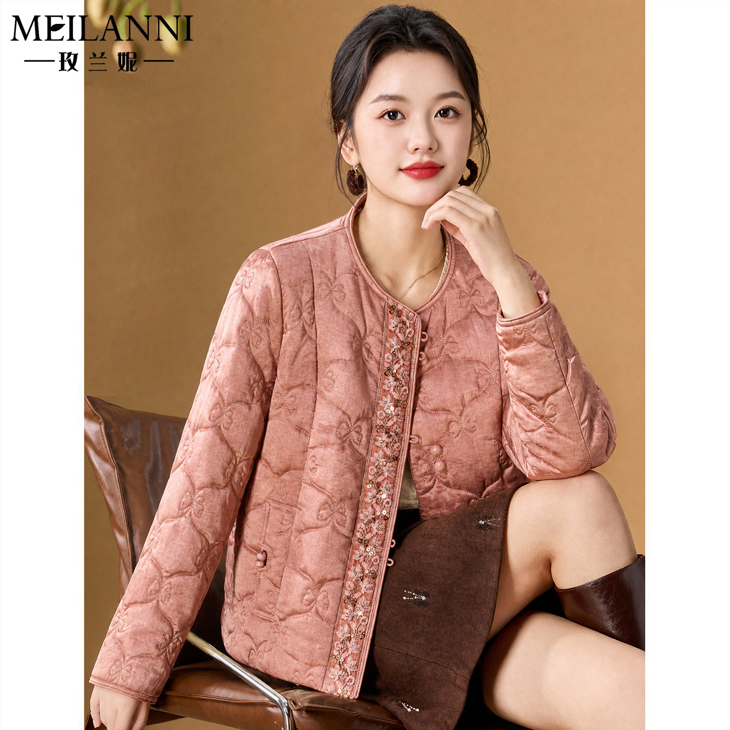 粉色新中式提花短款棉服外套唐装