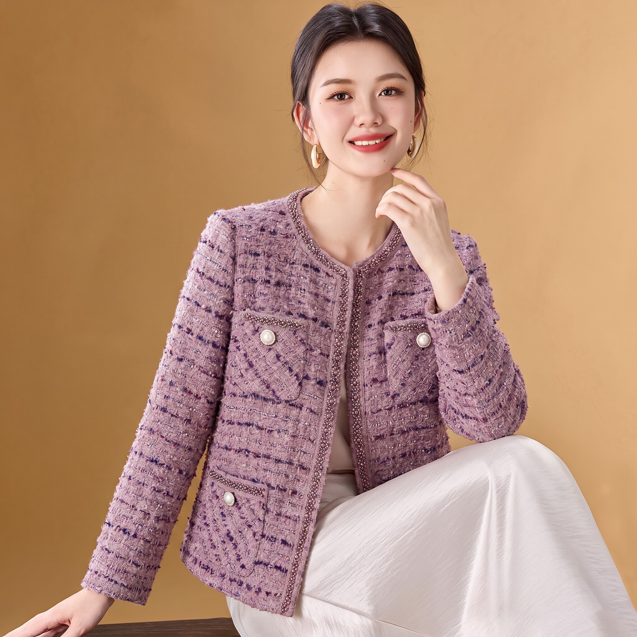 紫色粗花呢小香风外套杭州高端女装2026新款秋气质名媛妈妈短上衣