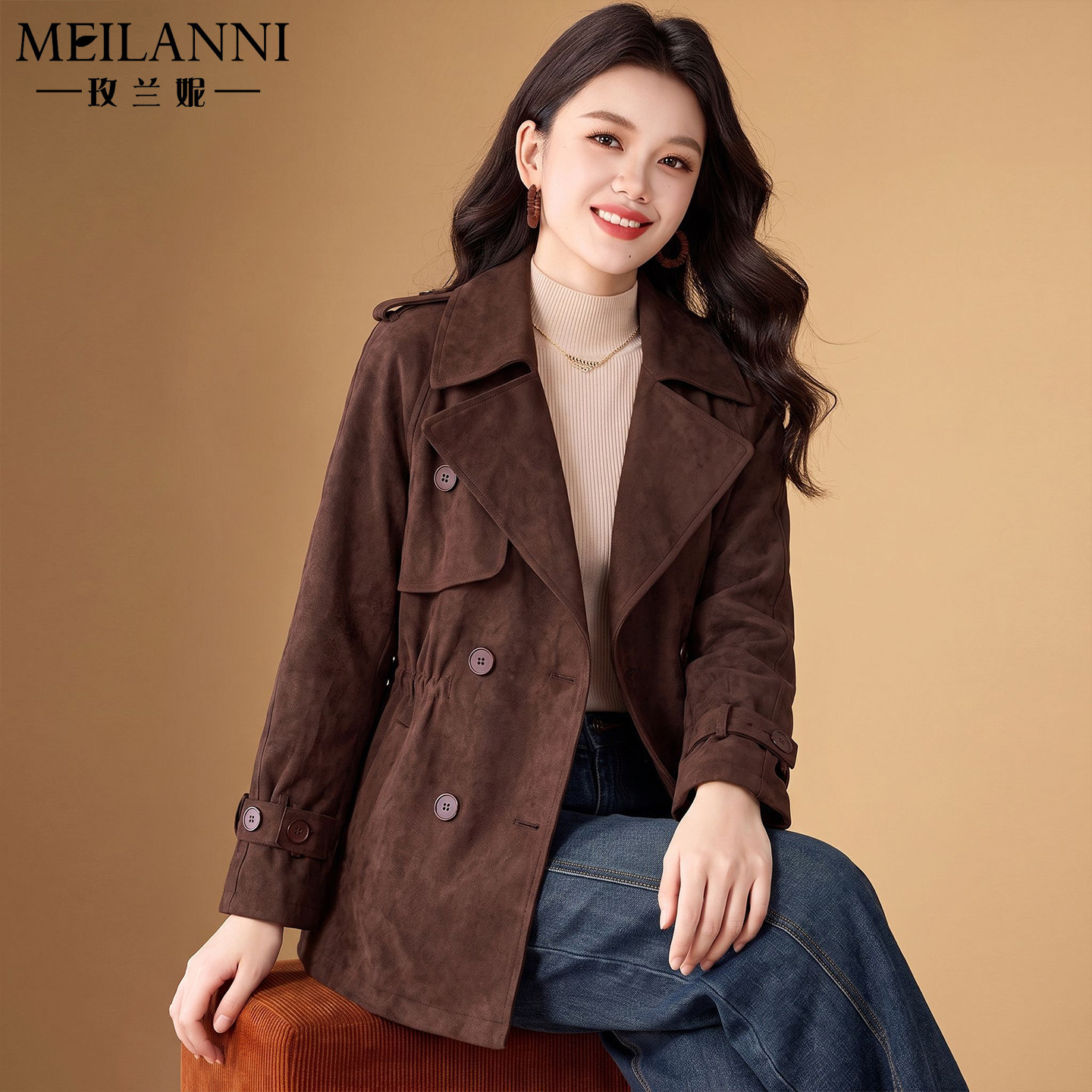 美拉德麂皮绒短款风衣女小个子