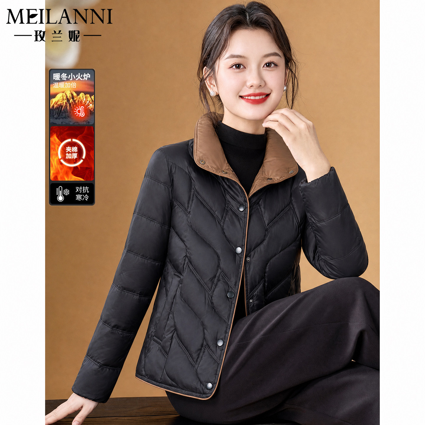 黑色单排扣短款外套棉衣棉服上衣