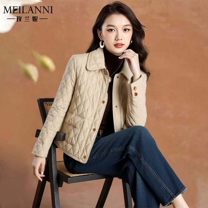 菱形棉服女秋冬短款小棉袄超好看夹棉二棉外套轻薄洋气夹克小个子
