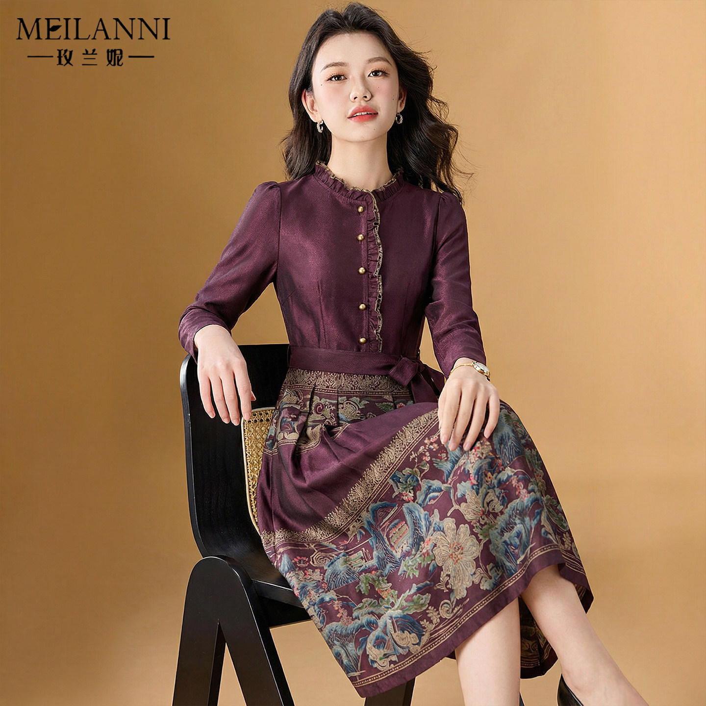 新中式妈妈婚宴长袖礼服连衣裙