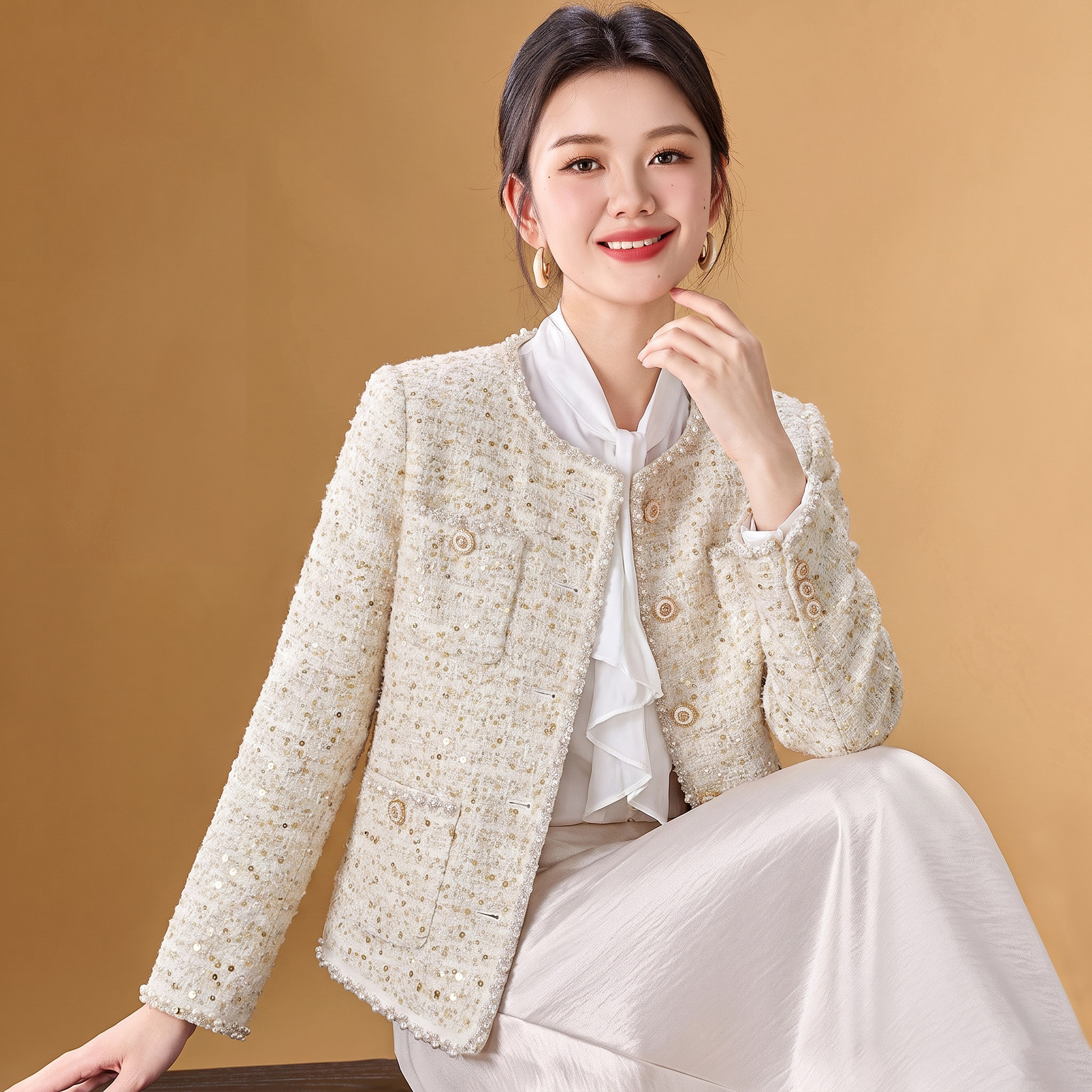 白色小香风珍珠边短外套女秋新款图片